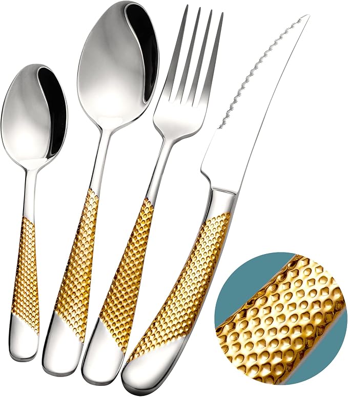 Xideman® 16-Pc Gold Silver Hammered 18/10 Stainless Steel Silverware Set | Ultra Sharp 2-IN-1 Serrated Knives, Ergonomic Non-Slip Handles, Service for 4, Rust Resistant, Dishwasher Safe