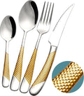 Xideman® 16-Pc Gold Silver Hammered 18/10 Stainless Steel Silverware Set | Ultra Sharp 2-IN-1 Serrated Knives, Ergonomic Non-Slip Handles, Service for 4, Rust Resistant, Dishwasher Safe