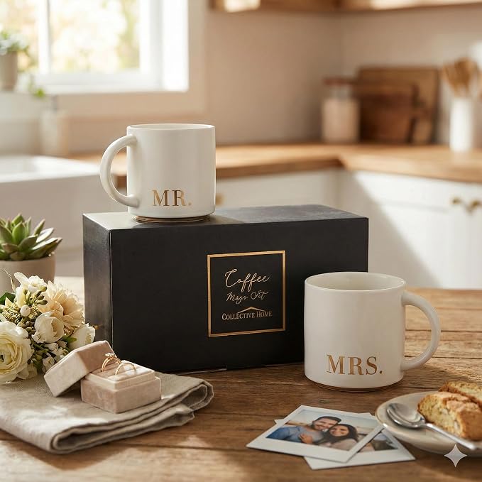 COLLECTIVE HOME Mr. & Mrs. Ceramic Coffee Mug Set, 15oz, 2-Piece | Luxury Wedding Gift for Couples, Elegant Coffee Cups for Newlyweds, Anniversary & Engagement Gift, Gift Box Set