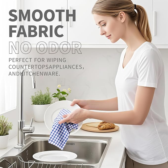 Cotton Kitchen Towels 8 Pack, 15x26 Checkered Dish Towels | Highly absorbent terry cloth towels for drying dishes, wiping spills, and kitchen cleaning. Machine washable and quick dry