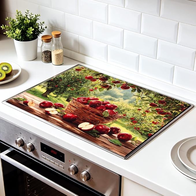Farmhouse Apple Stove Top Cover 28x20 Inch Decorative Kitchen Cover | Heat Resistant Cooktop Protector Mat with Non-Slip Backing, Scratch Protection and Countertop Drying Mat.