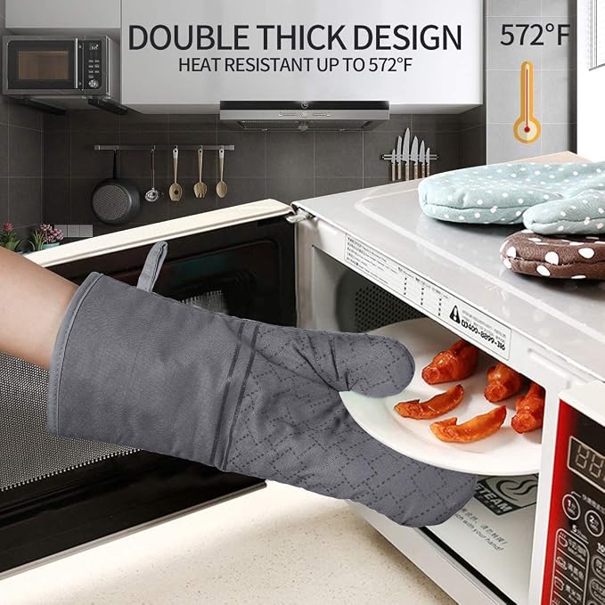4Pcs Oven Mitts and Pot Holders Set, 572F Heat Resistant Oven Glove, Soft Cotton Lining with Non-Slip Surface for Kitchen Baking BBQ (Grey)