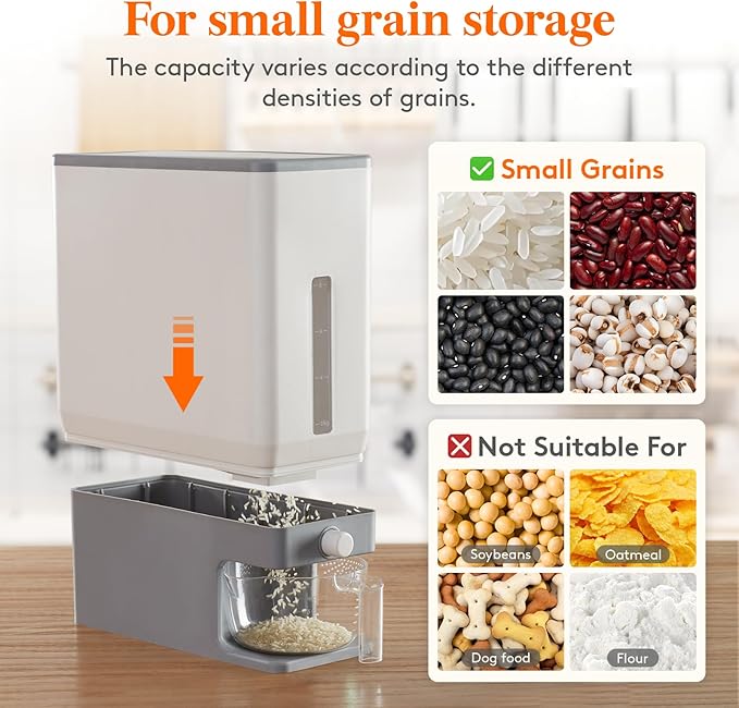 Lifewit Rice Dispenser 25 Lbs, Airtight Storage with Cup, 2 Pack Grey | BPA-Free 11.3kg Capacity Storage Container for Beans, Corn & Other Small Grains, One-Press Dispensing Bin for Kitchen Pantry