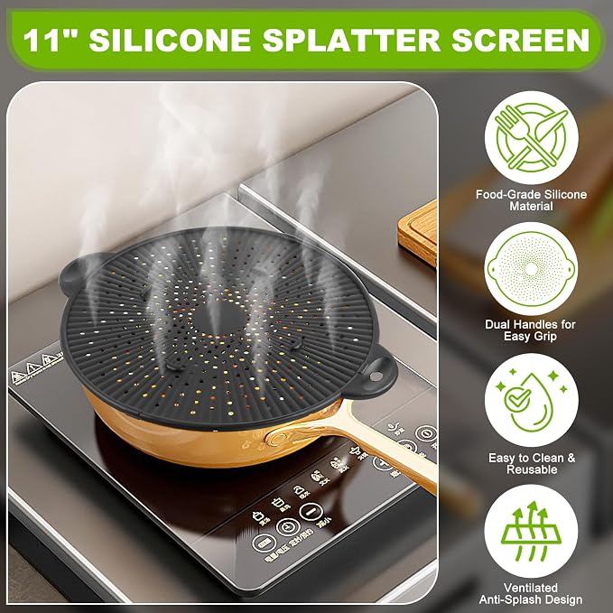 Silicone Splatter Screen for Frying Pan - 11 Inch Heat-Resistant Silicone Grease Splatter Guard, Multi-Use Oil Splash Guard for Kitchen Cooking Pan Cover, Dishwasher Safe