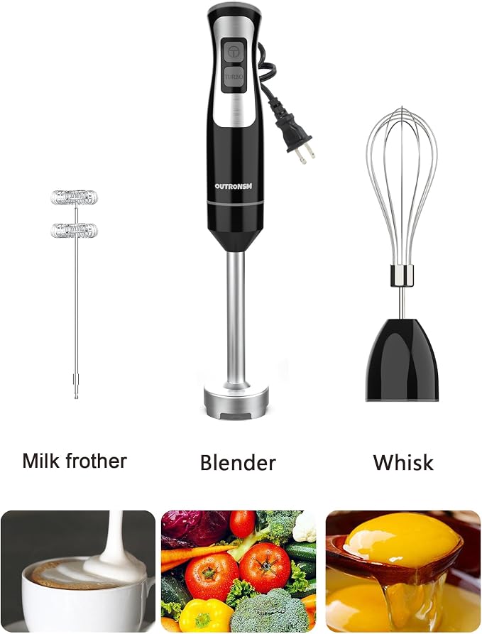 Immersion Blender Handheld, OUTRONSM Hand Blender with 4-point thickened SS blades, Milk Frother, Egg Whisk for Coffee Milk Foam, Puree Baby Food, Smoothies, Sauces and Soups – Black | 8-speed stick blender, Pure Copper Winding Motor, 5.2 feet power co...