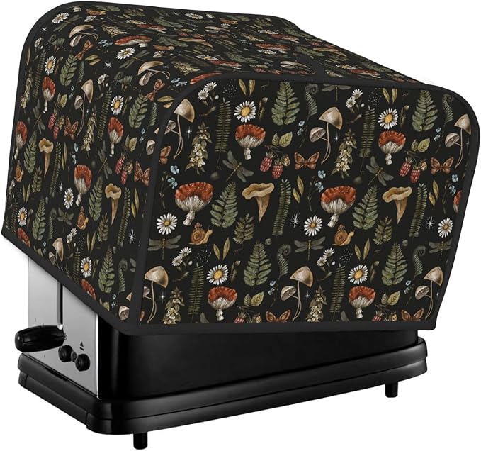 4 Slice Toaster Cover Vintage Mushroom Leaf Forest Dust Proof Washable Kitchen Appliance Cover with Pocket, Oxford Fabric Countertop Toaster Protector for Standard Toasters Small Appliances