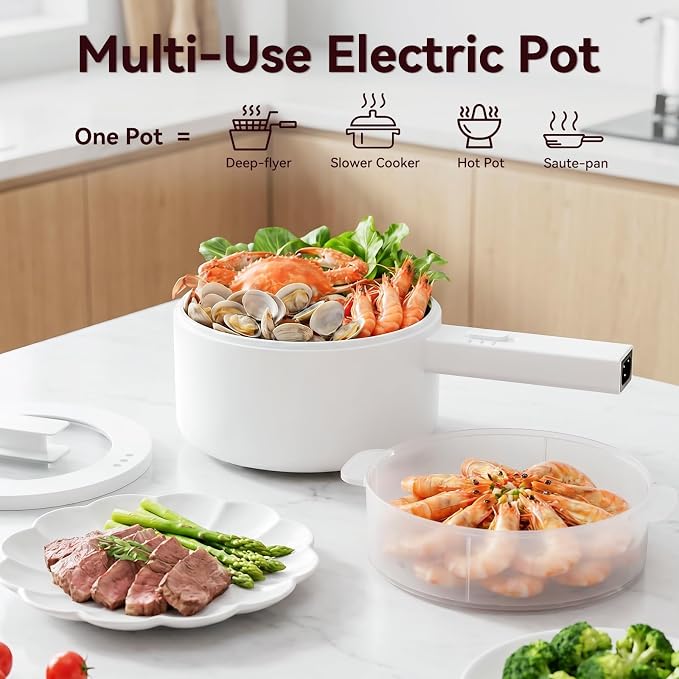 Electric Hot Pot with Steamer, 1.5L Pot with Ceramic Non-stick Coating | Dual Power Multi-functional Electric Cooker, Suitable for Steak, Pasta, Hot Pot, Ramen, Electric Pot for Dorm