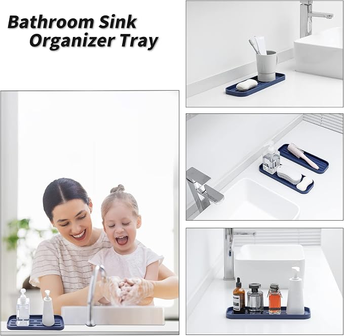 MicoYang Silicone Kitchen Sink Organizer Tray for Multiple Usage,Eco-Friendly Sponges Holder for Kitchen Bathroom Counter or Sink,Dish Soap Dispenser,Scrubber,Bottle,Cup (Navy Blue, 12"×4")