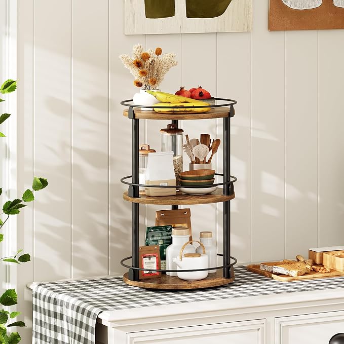 3-Tier Lazy Susan Organizer, Rotating Spice Rack, Spinning Organizer, Industrial Turntable Spice Rack Organizer for Cabinet, Kitchen Countertop, Pantry, Rustic Brown and Black SR23BR
