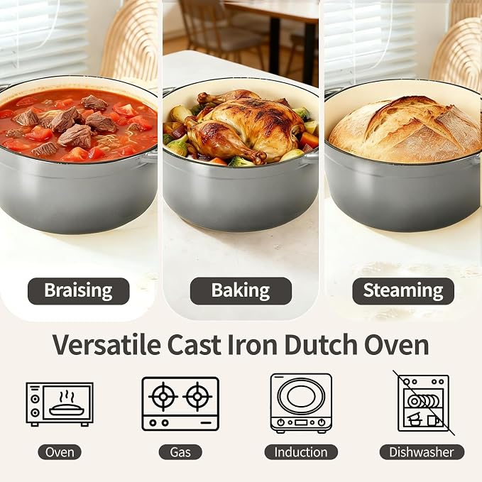 Enameled Cast Iron Dutch Oven pot 6.5 QT with Lid for Bread Baking | Cookware incl. Sourdough Bread-Baking Supplies like Banneton, Dough Whisk, Gloves, Oven Safe for Stews, Roasting Gray