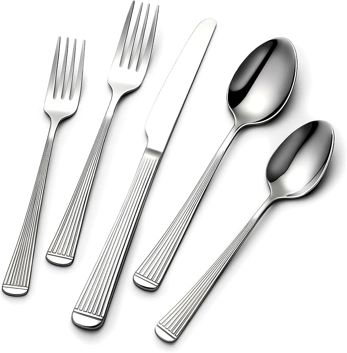 Yoehka 60Piece Hammered Silverware Set,Stainless Steel Flatware Set for 12 | Roman Column Handles, Mirror Polished, Include Spoons/Forks/Knives, For Home, Restaurant, Hotel, Dishwasher Safe