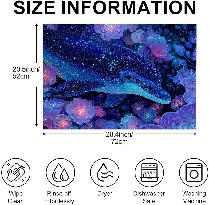 Glowing Dolphin Washer Dryer Top Cover Mat 28.35x20.47 in | Heat Resistant Cooktop Protector Mat with Non-Slip Backing, Scratch Protection and Countertop Drying Mat.