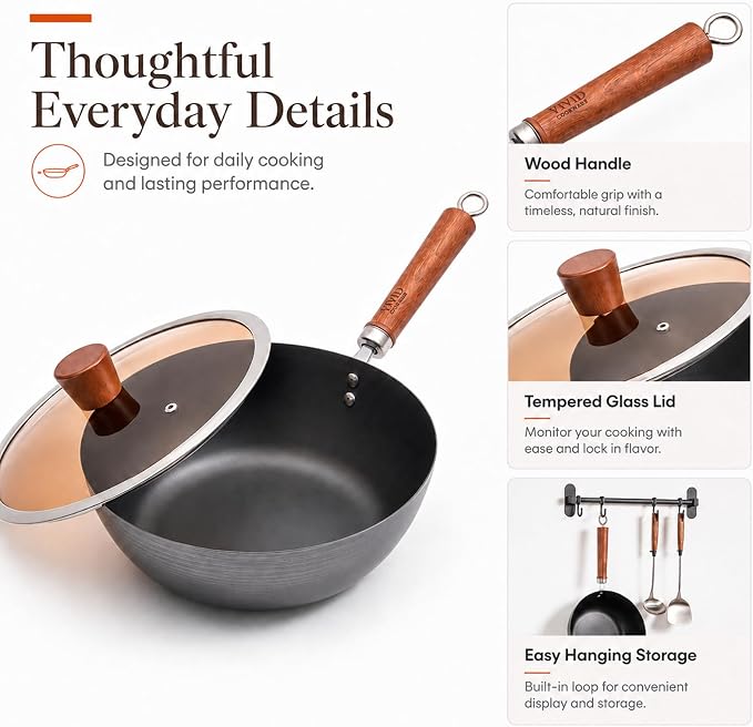 10.2-Inch Nitrided Carbon Steel Wok with Lid, Flat Bottom | 3.7-Qt wok with tempered glass lid for 1-3 servings; lightweight, induction compatible, coating-free, and seasoning required.