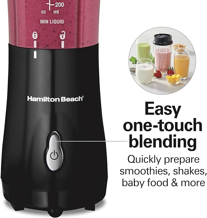 Hamilton Beach Portable Blender for Smoothies With 14 oz. Travel Jar | BPA Free Jar & Lid | Durable Stainless Steel Blades | 300 Watts Peak Power | Personal Smoothie Blender | Black | 51101AG