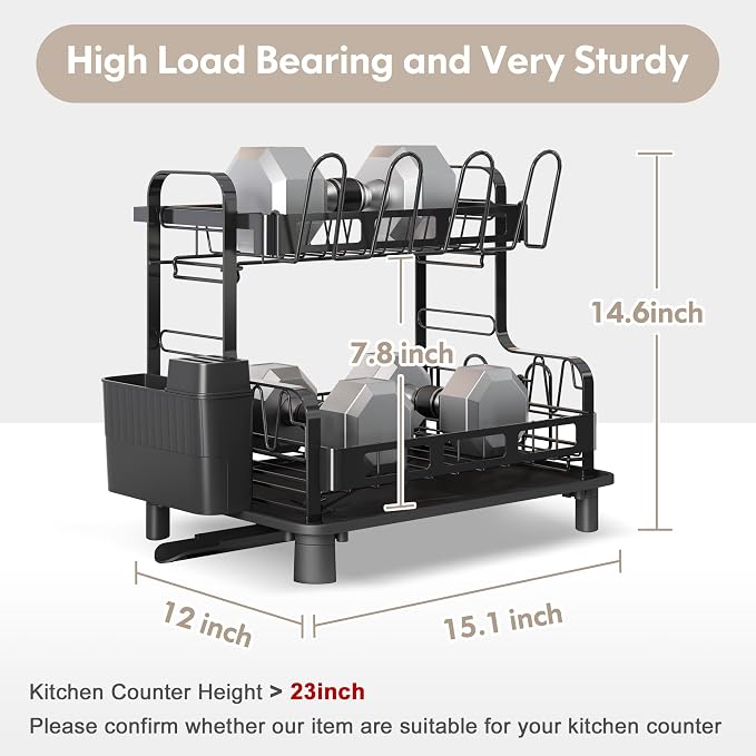 2 Tier Black Dish Drying Racks for Kitchen Counter with Drainboard | Large Stainless Steel Dish Drainer with Utensil Holder, Space Saving, Big Modern Countertop Metal Plate Dryer Strainer Rack