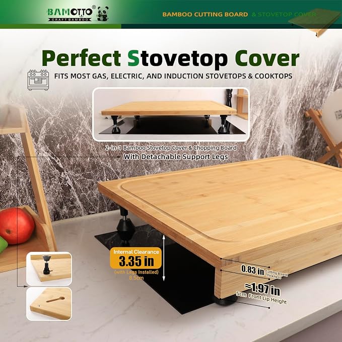 BAMOTTO CRAFTBAMBOO 24 x 18 Inch Large Bamboo Cutting Board Stovetop Cover | Detachable Support Legs | Detachable Front Lip | Over-the-Sink Board | Noodle Board | Carving and Pasta Board | XXL
