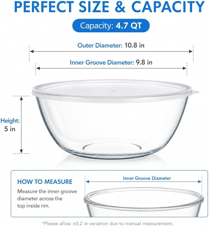 4.7Qt Extra Large Glass Mixing Bowl for Sourdough Bread Making | Glass Mixing Bowl for Sourdough Bread with Lid Clear Breads Proofing Bowl with Covers Ideal for Kitchen Storage