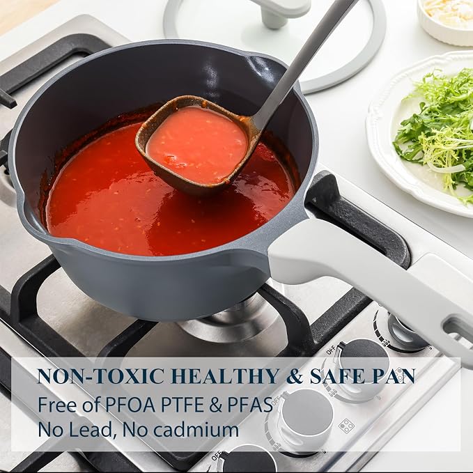 PRICUSIS Nonstick Saucepan Set with Lids, 2QT and 2.7QT Ceramic Sauce Pan Set, Non Toxic Sauce Pots with Pour Spouts for Multipurpose Use, PTFE, PFOA & PFAS Free, Induction Compatible.