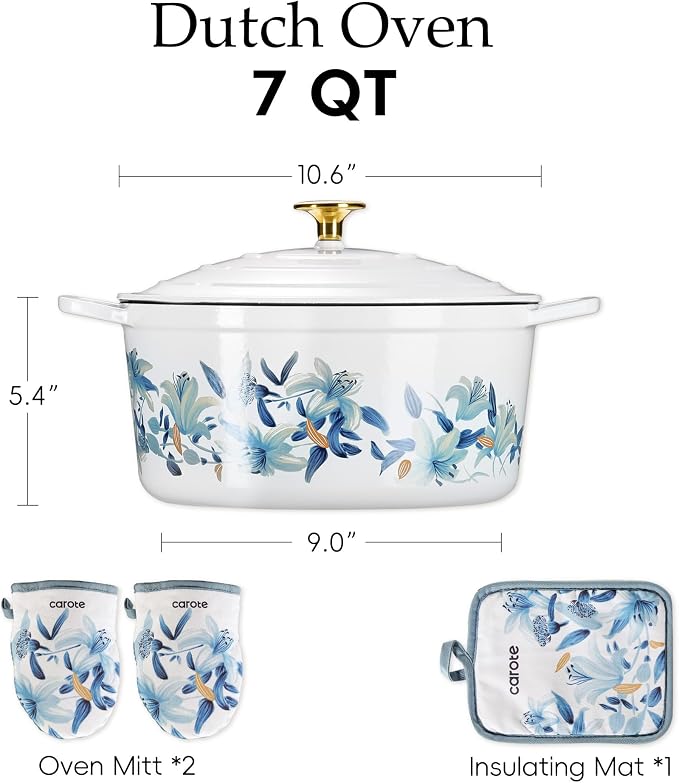 CAROTE 7QT Enameled Cast Iron Dutch Oven Pot with Lid, White & Blue | Sourdough Bread Baking with Cotton Potholders & Oven Gloves, Gift Box, Cookware for Braising, Oven Safe up to 500° F