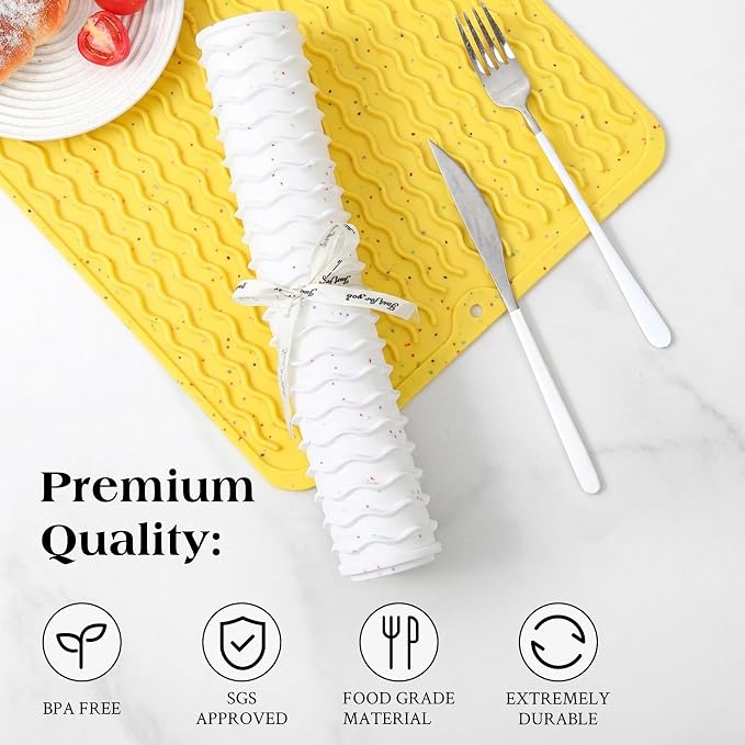 CAKETIME 2 Pack Multicolor Silicone Dish Drying Mat for Kitchen Counter Under Espresso Machine Appliance Sink Protector Pet Food Mat Stone Rack Trays Drain Extra Large 24"*18" Yellow