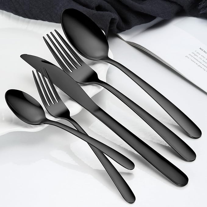 Hunnycook 60-Piece Black Silverware Set - Stainless Steel Silverware Set for 12, Includes Forks Spoons and Knives, Utensil Sets for Home Kitchen Restaurant, Dishwasher Safe