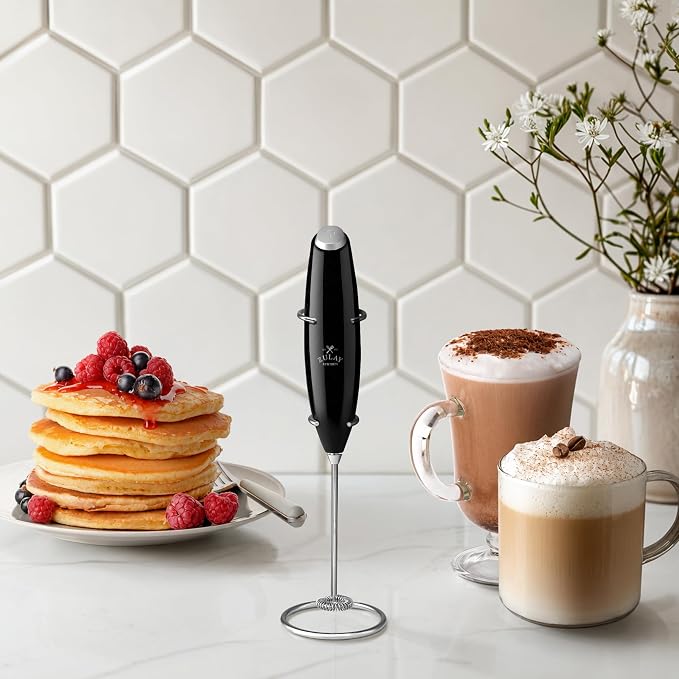 Zulay Kitchen Powerful Milk Frother Wand With Duracell Batteries - Ultra Fast Handheld Drink Mixer - Electric Whisk Foam Maker for Coffee, Lattes, Cappuccino & Matcha - Z1 Motor - Metallic Black