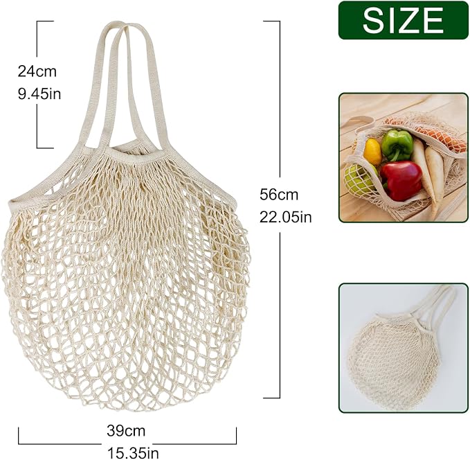 2-Pack Reusable Mesh Grocery Bags, 100% Cotton String, Long Handle Produce Bags, Fruit & Veggie Storage