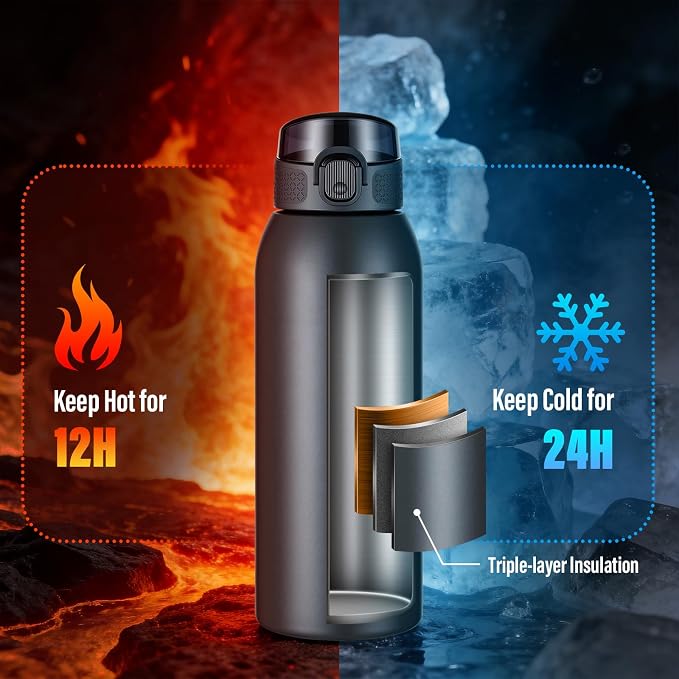 Insulated Water Bottle 24 oz with Dustproof Lid, Carry Handle & Tea Infuser, BPA-Free & Leakproof, Stainless Steel Water Bottles Ideal for Fitness, Hiking, Office & Outdoor Use (Cold Gray)