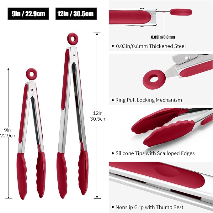 Doosu Kitchen Tongs with Silicone Tips for Cooking Serving (9+12in, Red) | 600°F Heat Resistant Food Tong, Heavy Duty Stainless Steel Locking Tong for BBQ, Grilling Steak, Salad, Toast, Pasta