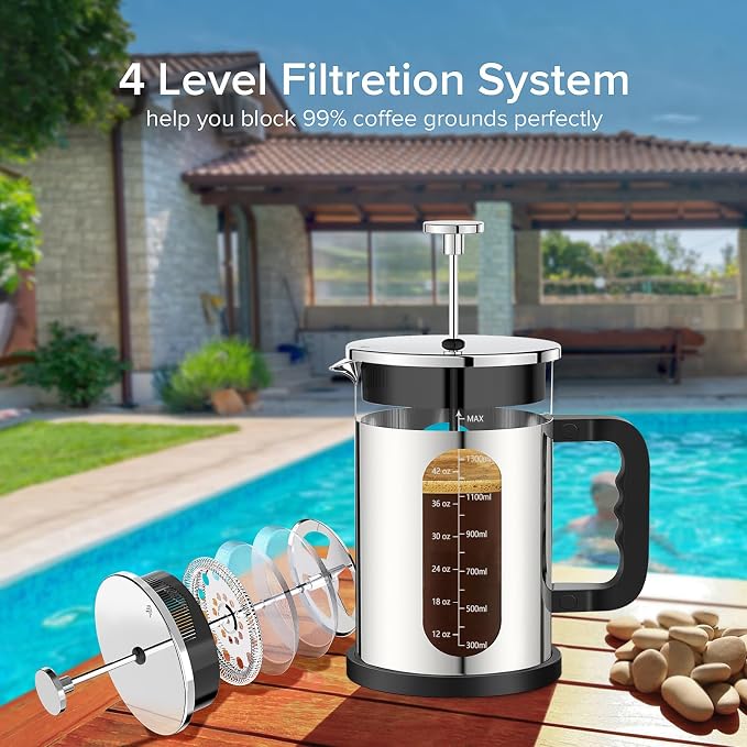 QUQIYSO French Press Coffee Maker 51oz, Stainless Steel Large French Press | Borosilicate Glass Coffee Maker,4 Filter,Coffee Press,Easy to Clean,Perfect for Party Kitchen Camping Travel Gifts(Silver)