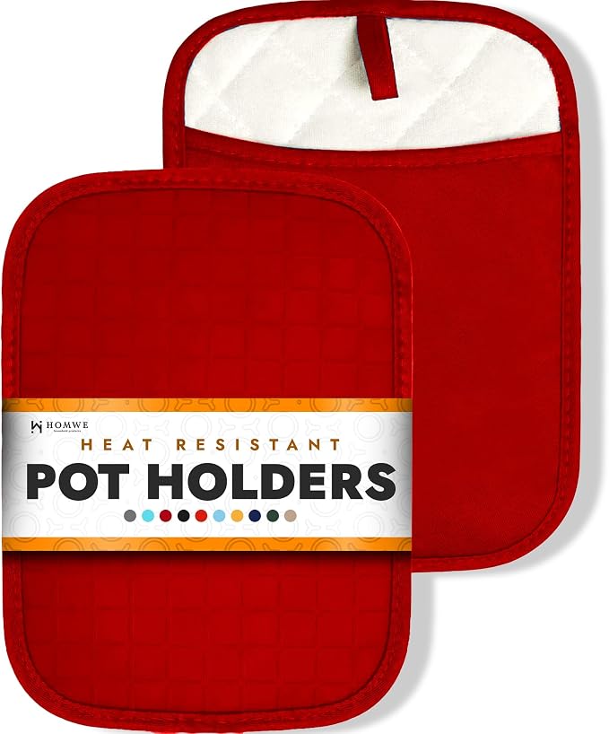HOMWE Silicone Kitchen Pot Holders with Pockets, 2 Pc Set Trivet, Steam and Heat Resistant Hand and Countertop Protection Hot Pads, Non-Slip Grip potholders, Terrycloth Interior Lining, Red