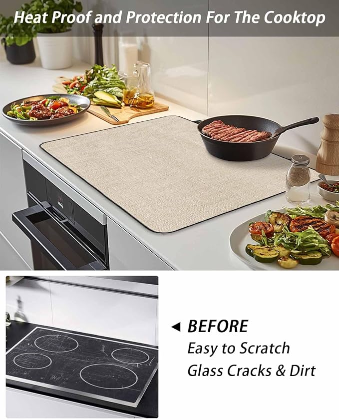 Stove Top Covers for Electric Stove 31x24 Inches, Vintage Cream HeatResistant Glass Cooktop Protector, Farmhouse Retro Solid Color Linen Texture Ceramic Stovetop Countertop Covers Mat, Oven Cover