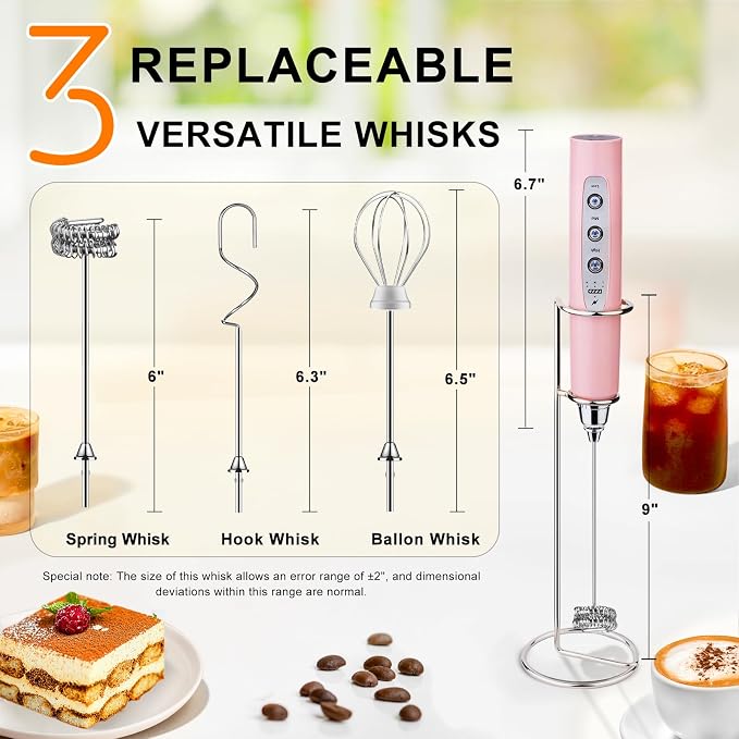 YUSWKO Handheld Milk Frother Wand for Coffee, Rechargeable Electric Whisk with 3 Heads 3 Speeds Drink Mixer Coffee Frother For Latte, Cappuccino, Hot Chocolate, Egg, Pink with Holder