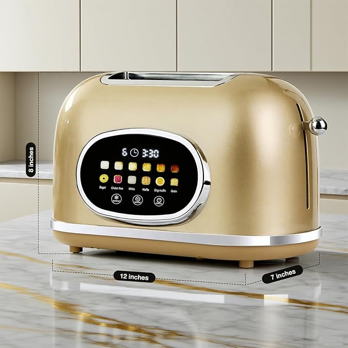 Roter Mond Smart 2 Slice Toaster, Touchscreen, Bagel Defrost, Gold | Retro stainless steel, digital timer & sleep mode, 6 bread types & shades, defrost/reheat/cancel,even toasting wide slots