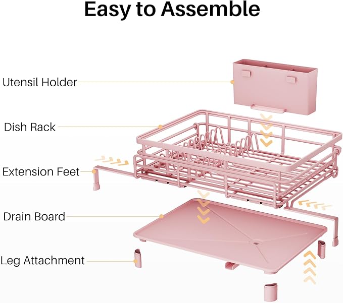 SNTD Expandable Dish Drying Rack for Kitchen Counter, Stainless Steel, Pink | Foldable Over Sink, Large Capacity, Adjust to Fit Most Sinks, Angled Drainboard, Removable Utensil Holder, Slip Resistant