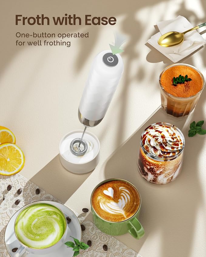 Maestri House Rechargeable Milk Frother, LunaFro Mini with Detachable Wand | 8000RPM Turbo Motor, 1200mAh lithium battery, Compact Design Milk frother Handheld for Lattes, Cappuccino, Matcha, No Stand