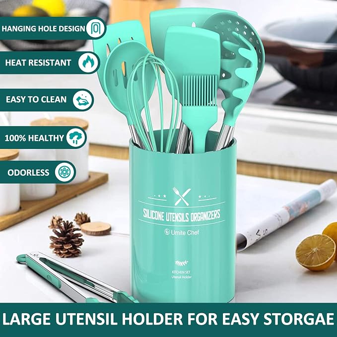 Silicone Cooking Utensil Set, Umite Chef 15pcs Silicone Cooking Kitchen Utensils Set, Non-stick - Best Kitchen Cookware with Stainless Steel Handle - Green