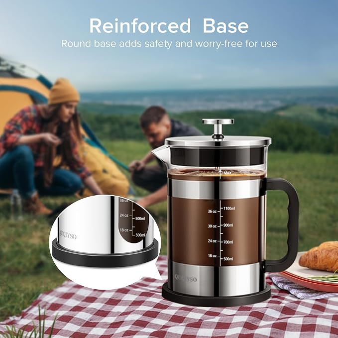 QUQIYSO French Press Coffee Maker 51oz, Large French Press, Thickened Glass | Borosilicate Glass Plastic Free Coffee Maker, Easy to Clean,4 Filter, Coffee Press Suitable for Kitchen Party Camping(Silver)