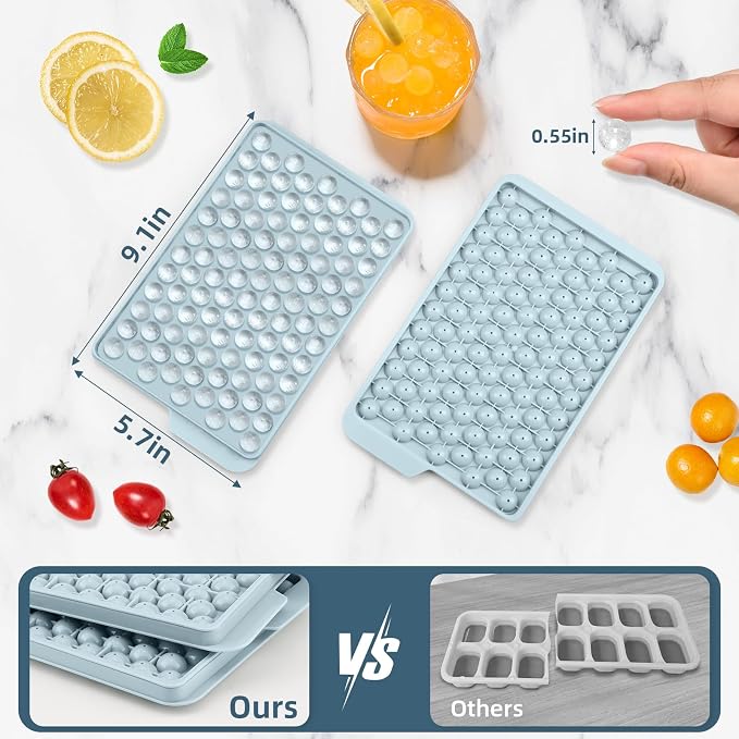 Mini Ice Cube Trays for Freezer with Lid, 0.55" Pebble Ice | 4 Trays-Blue, with Ice Box & Scoop. for Coffee, Bottle, Juice & Drinks, Easy Twist Release, Stackable