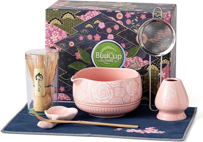 Buucup Matcha Whisk Set, Ceramic Matcha Kit with Bowl & Tools, Rose Pink | 7-piece set includes ceramic bowl, bamboo whisk, scoop, holder, rest, sifter and tea towel for home matcha preparation.