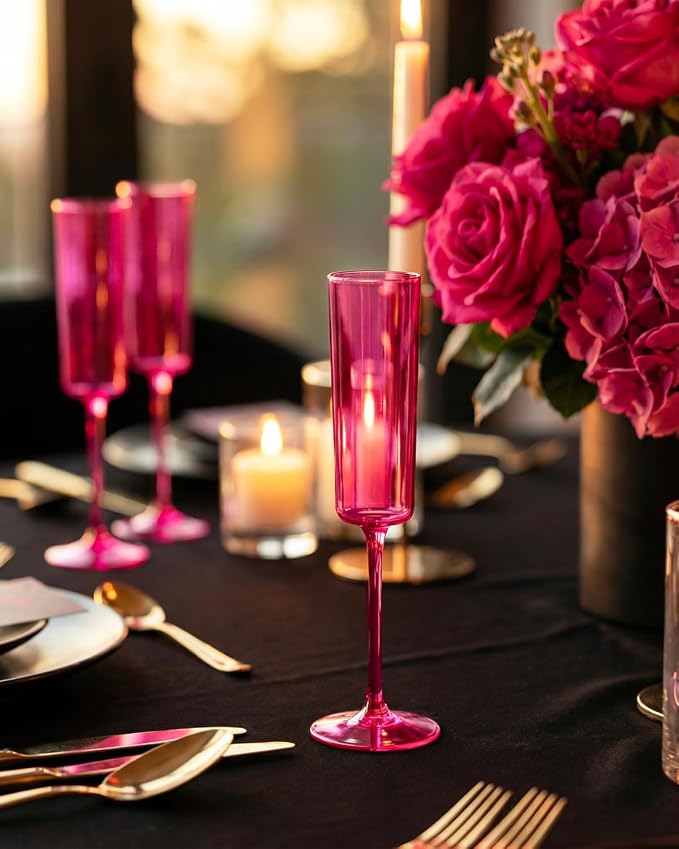Ciaell 24 Pack Hot Pink Plastic Champagne Flutes for Weddings Birthdays | 6 oz Hot Pink Square Toasting Cups, Heavy Duty Plastic, Champagne Wine Cocktails Mimosas for Anniversaries Parties Bars