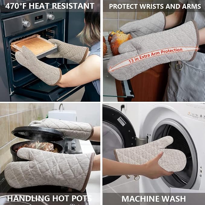 Yarn Dyed Oven Mitts 1 Pair, 100% Cotton Heat Resistant 470 Degree | Oven Gloves for Men Women Cooking Baking Barbecue BBQ Microwave Crafting Machine Washable Pot Holders Mittens (Khaki 2)