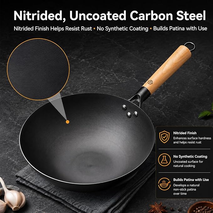 WANGYUANJI 12.6 Inch Carbon Steel Wok Pan with Glass Lid and Spatula, Nitrided Flat Bottom Wok Set, Uncoated Stir Fry Pan for 2-4 Servings, Gas, Electric, Ceramic and Induction Cooktops
