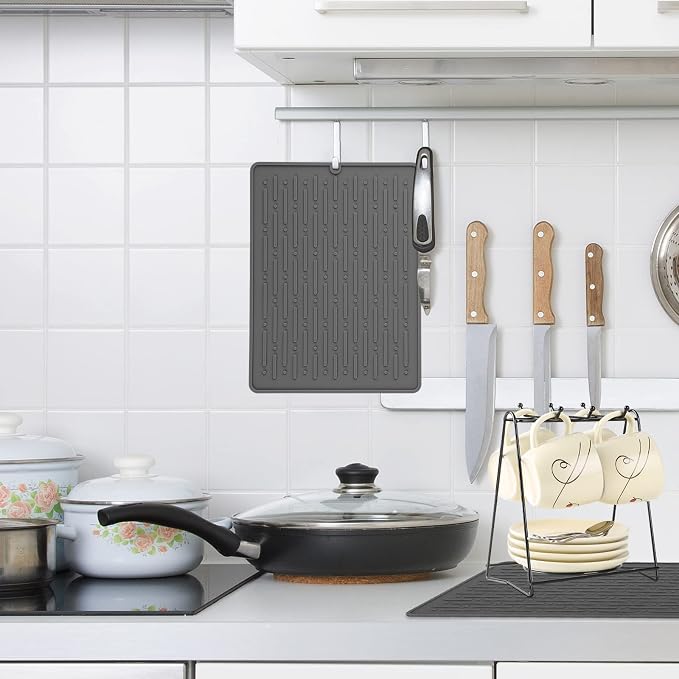 Dish Drying Mats, Heat-resistant Silicone Mat for Kitchen Counter, Non-Slip Dish Dry Mat Dishwasher Safe Small, Gray