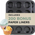 CARTMAN 2-Pack 12-Cup Muffin Pan Set, Carbon Steel Nonstick Cupcake Tin | Includes 200 liners, durable carbon steel, nonstick release, for cupcakes, muffins, egg bites, brownies, oven safe 450°F