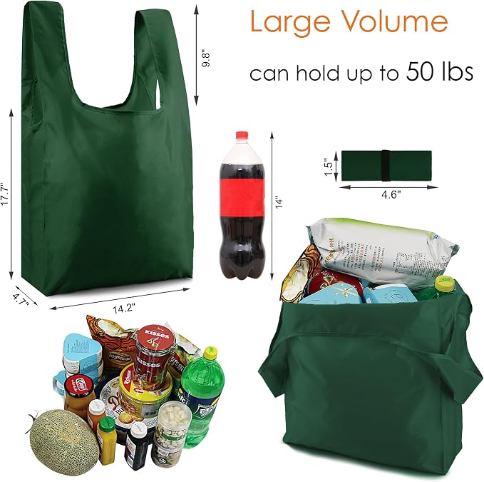 BeeGreen Christmas Green Reusable Grocery Bags with Zipper Storage Pouch 10 Packs Dark Green Reusable Shopping Bags Bulk Foldable-Machine Washable