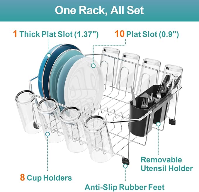 Small in Sink Dish Drying Rack - Stainless Steel for RV Kitchen | Compact Design, Rust-Resistant, Angled Corners Fit Square & Round Sinks, Removable Utensil Holder, Cup Hooks, 13.1"W x 14.4"L