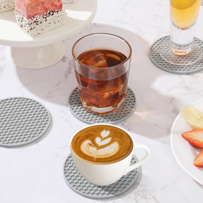 TWTLi Silicone Coasters Set of 6 with Holder — Non-Slip Drink Coasters for Coffee Table, Home Bar & Kitchen, Protects Wood & Marble Surfaces from Water Rings, Dishwasher Safe (Gray)