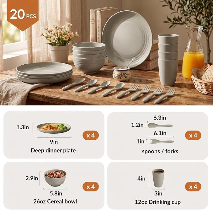 Wheat Straw Dinnerware Sets 20 PCS Unbreakable Plates and Bowls Sets Microwave Safe Camping Dish Set Kids Dinnerware Set, Kitchen, Apartment, Party, RV, Picnic, Dorm-Grey