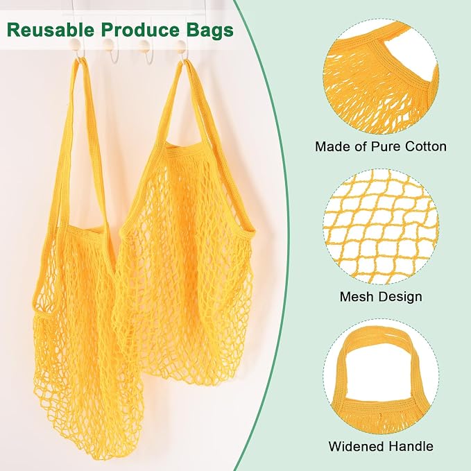 M METERXITY 2-Pack Cotton Mesh Bag, Reusable Washable Mesh Net String Grocery Bags, Reusable Produce Bags with Handle, Net Tote Bag for Fruits/Vegetables Shopping [Yellow, Long&Short Handle]